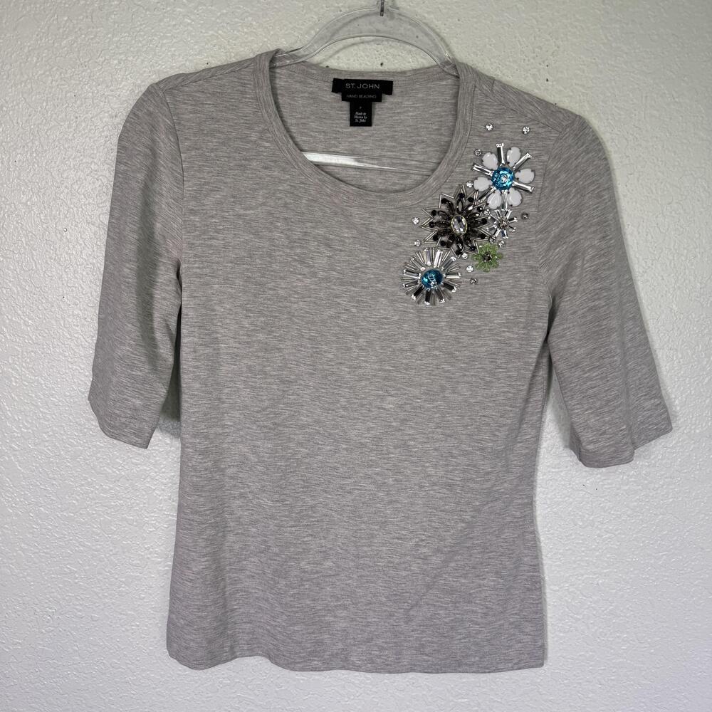 St. John Shirt Womens size P Beaded Rhinestone Jersey Tee Gray Chic Hand Beading